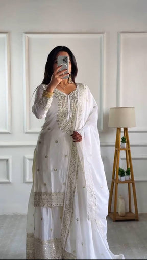 Amazing White Color Heavy Chinnon Silk Party Wear Sharara Suit