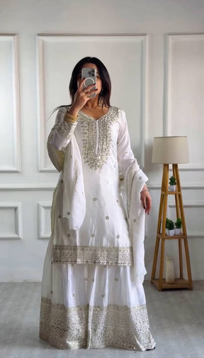 Amazing White Color Heavy Chinnon Silk Party Wear Sharara Suit