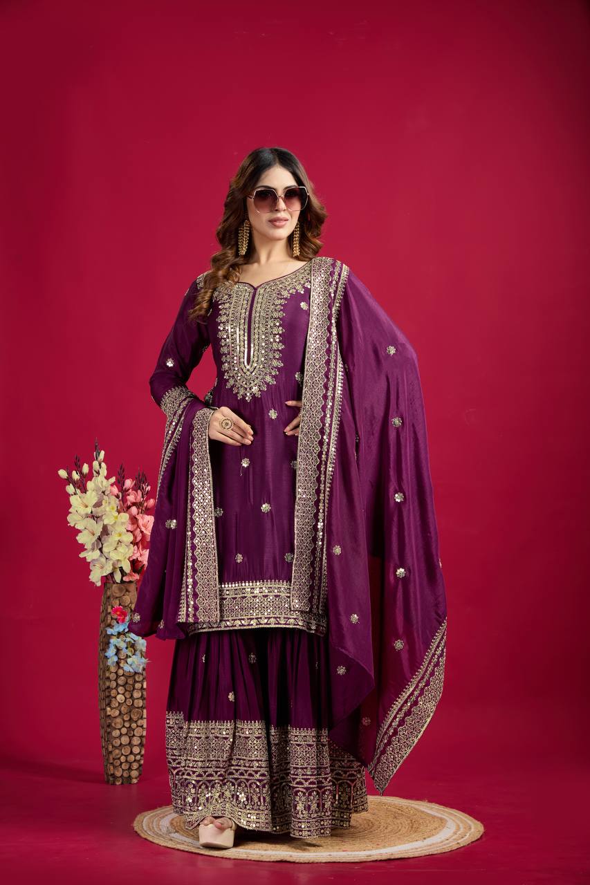 Amazing Purple Color Heavy Chinnon Silk Party Wear Sharara Suit