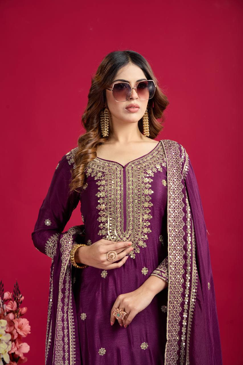 Amazing Purple Color Heavy Chinnon Silk Party Wear Sharara Suit