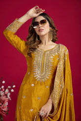 Amazing Yellow Color Heavy Chinnon Silk Party Wear Sharara Suit