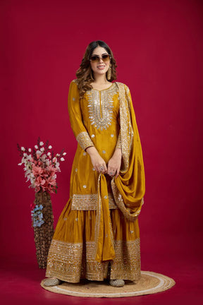 Amazing Yellow Color Heavy Chinnon Silk Party Wear Sharara Suit