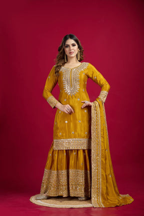 Amazing Yellow Color Heavy Chinnon Silk Party Wear Sharara Suit