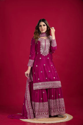 Amazing Pink Color Heavy Chinnon Silk Party Wear Sharara Suit