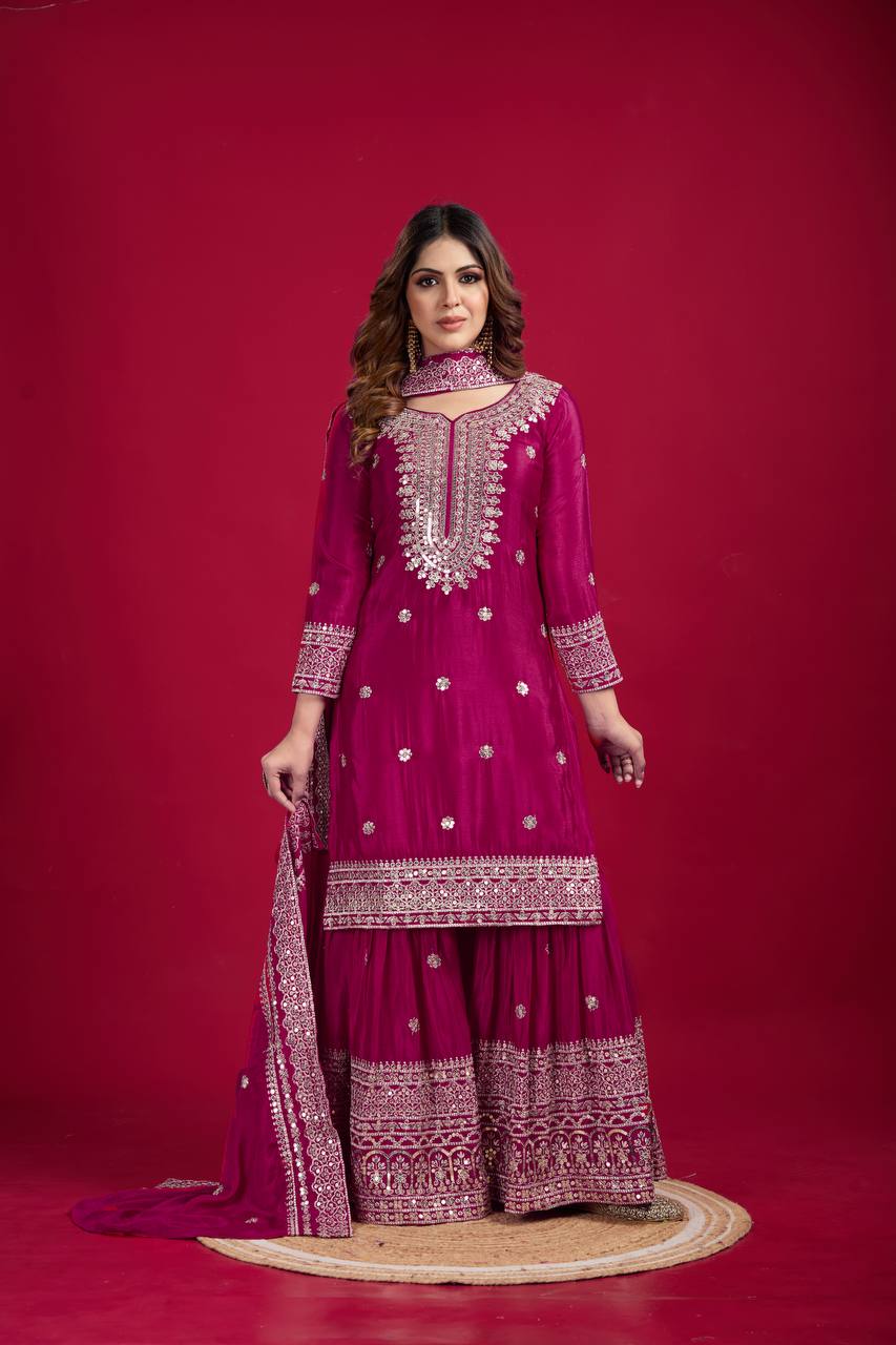 Amazing Pink Color Heavy Chinnon Silk Party Wear Sharara Suit