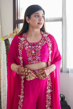 Stylish Pink Color Chinon Palazzo Sharara Suit  Set With Shrug Jacket