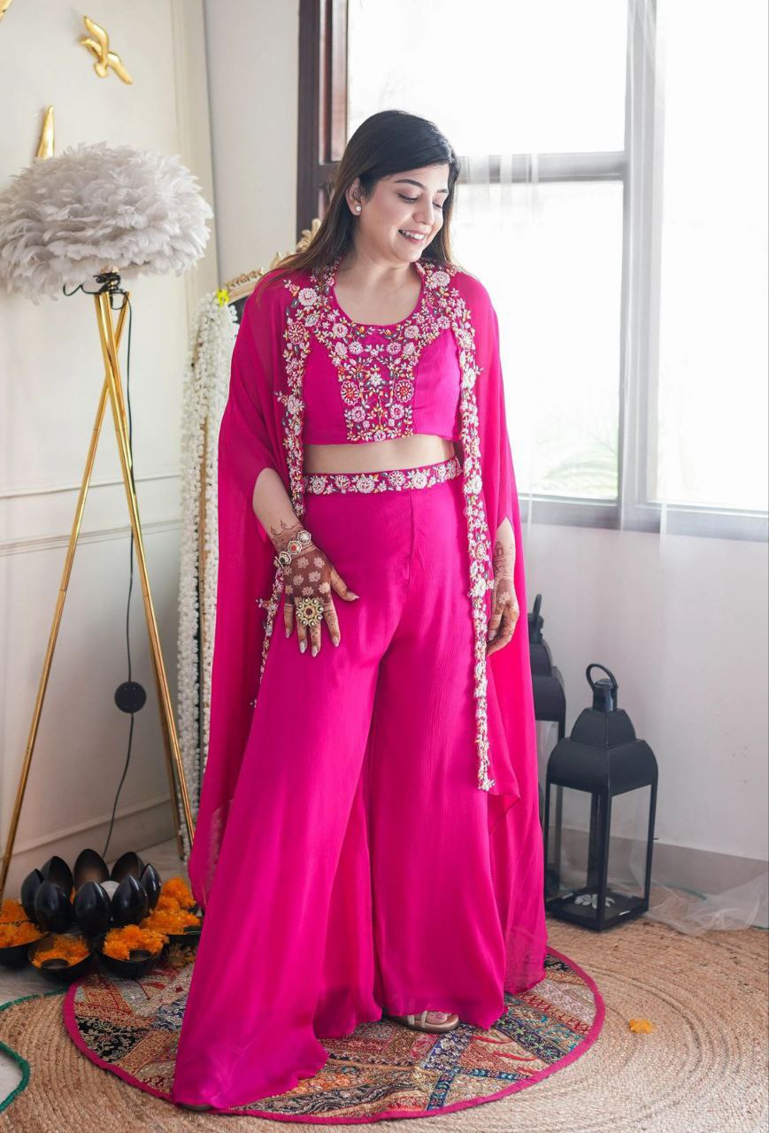 Stylish Pink Color Chinon Palazzo Sharara Suit  Set With Shrug Jacket