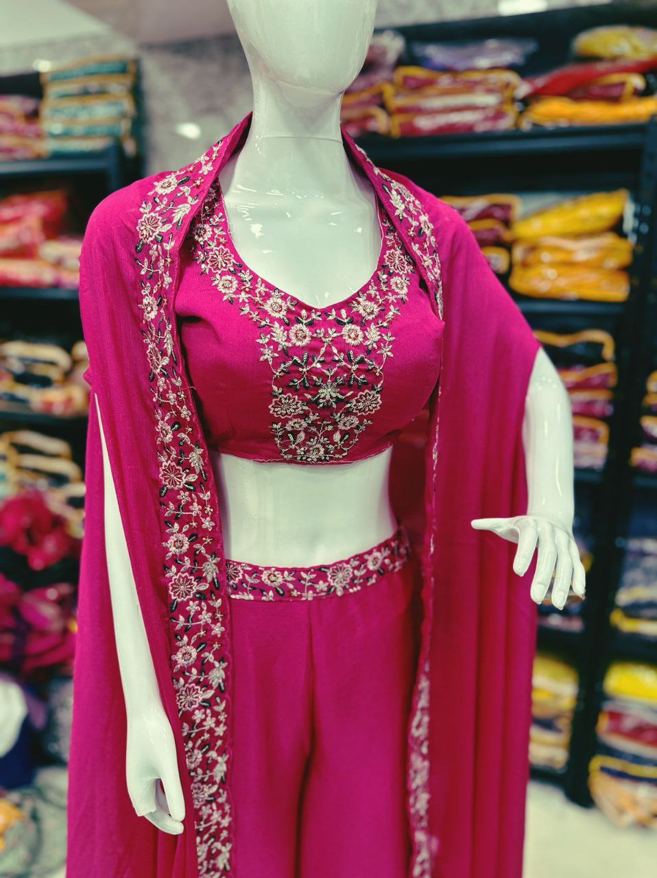 Stylish Pink Color Chinon Palazzo Sharara Suit  Set With Shrug Jacket