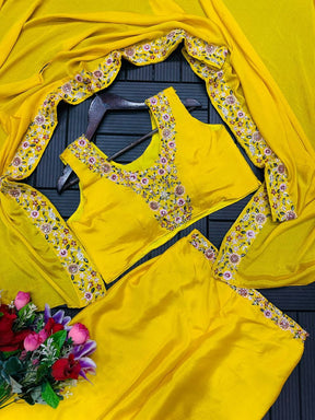 Stylish Yellow Color Chinon Palazzo Sharara Suit  Set With Shrug Jacket