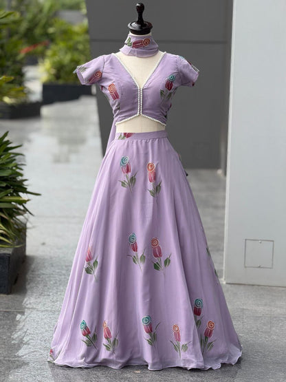 Designer Party Wear Lehenga Choli – Mauve Pure Organza | Vastraan