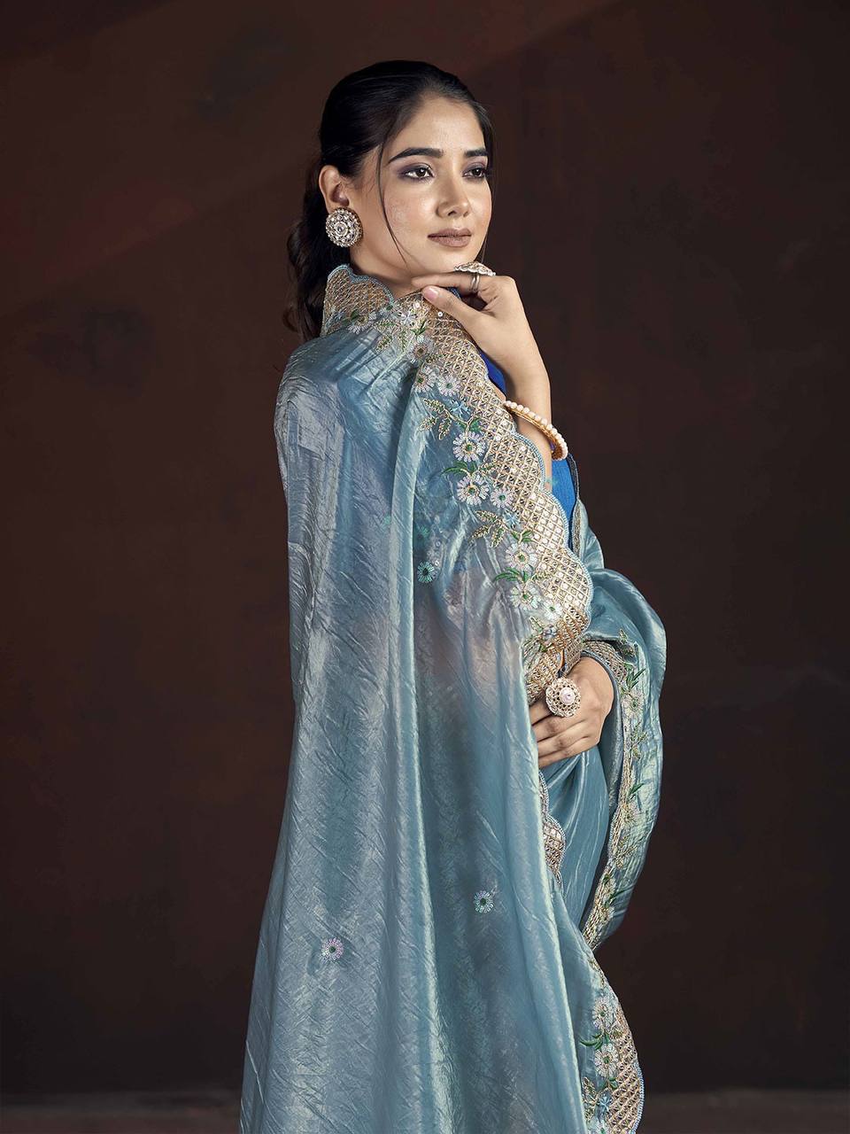 Gorgeous Sky blue Color Gold Crunchy Malti Thread Work Party Wear Saree