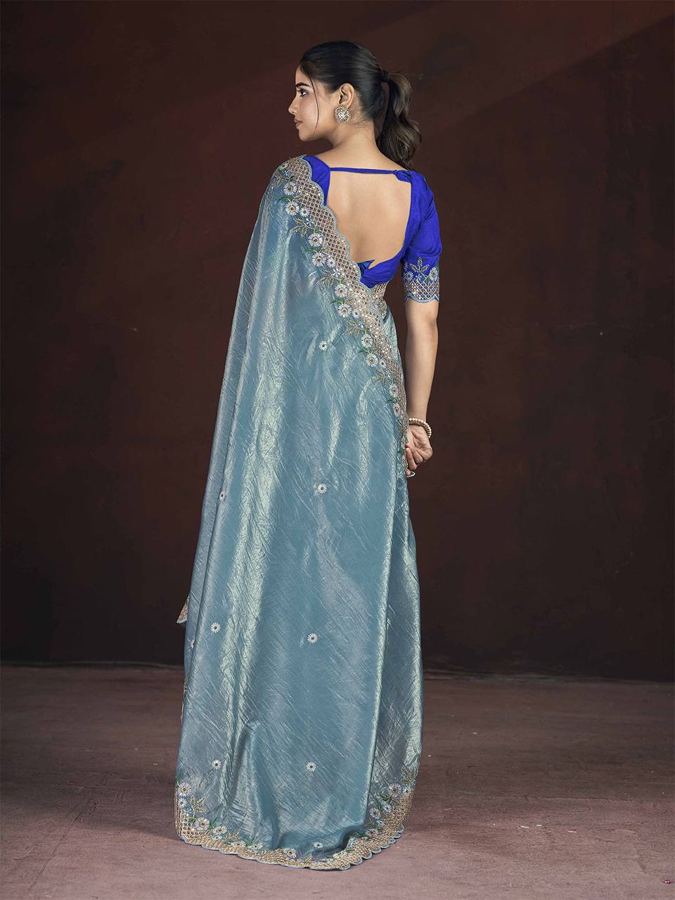 Gorgeous Sky blue Color Gold Crunchy Malti Thread Work Party Wear Saree