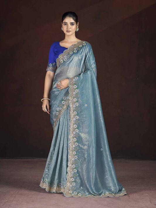 Gorgeous Sky blue Color Gold Crunchy Malti Thread Work Party Wear Saree