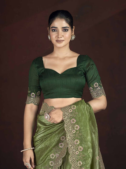 Gorgeous Green Color Gold Crunchy Malti Thread Work Party Wear Saree