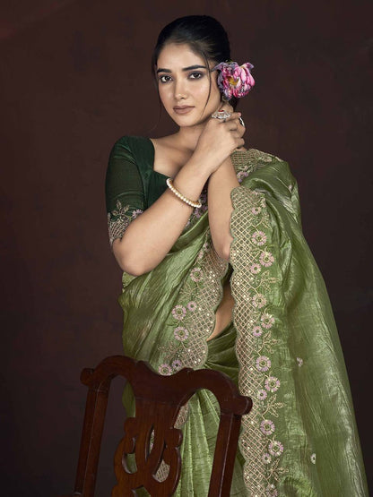 Gorgeous Green Color Gold Crunchy Malti Thread Work Party Wear Saree