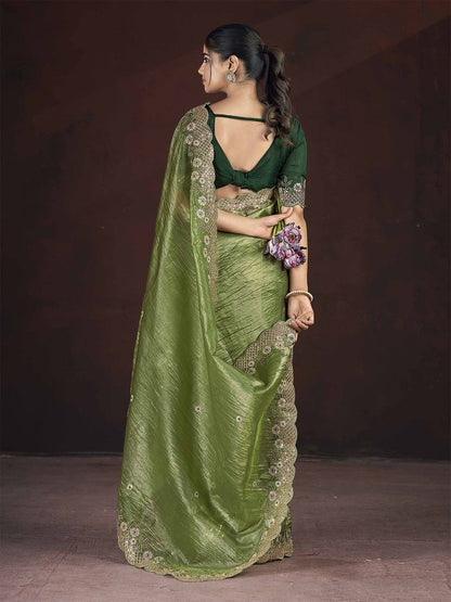 Gorgeous Green Color Gold Crunchy Malti Thread Work Party Wear Saree