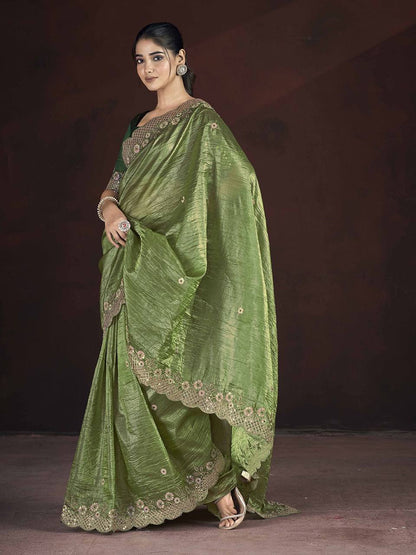 Gorgeous Green Color Gold Crunchy Malti Thread Work Party Wear Saree