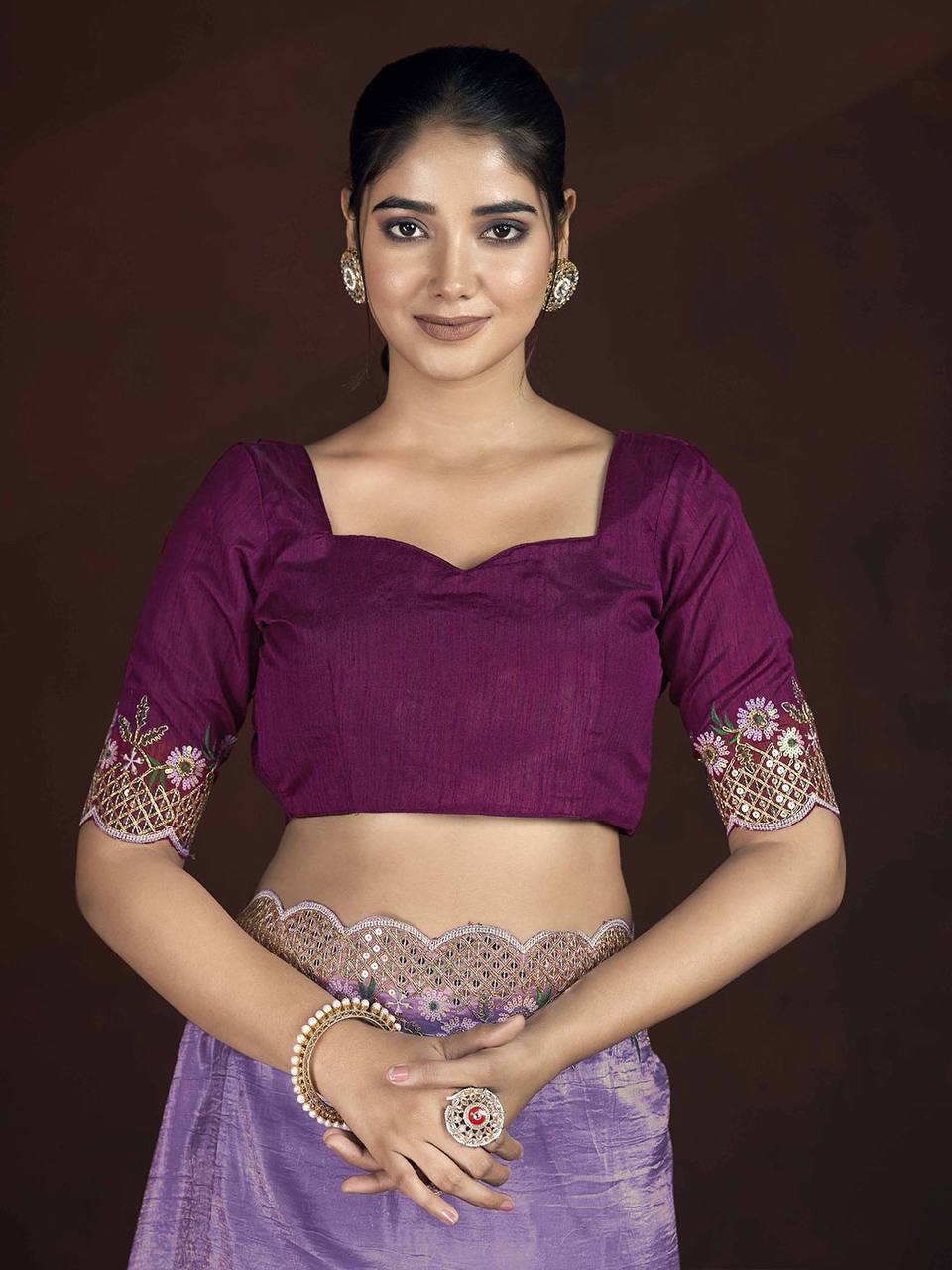 Gorgeous Lavender Color Gold Crunchy Malti Thread Work Party Wear Saree