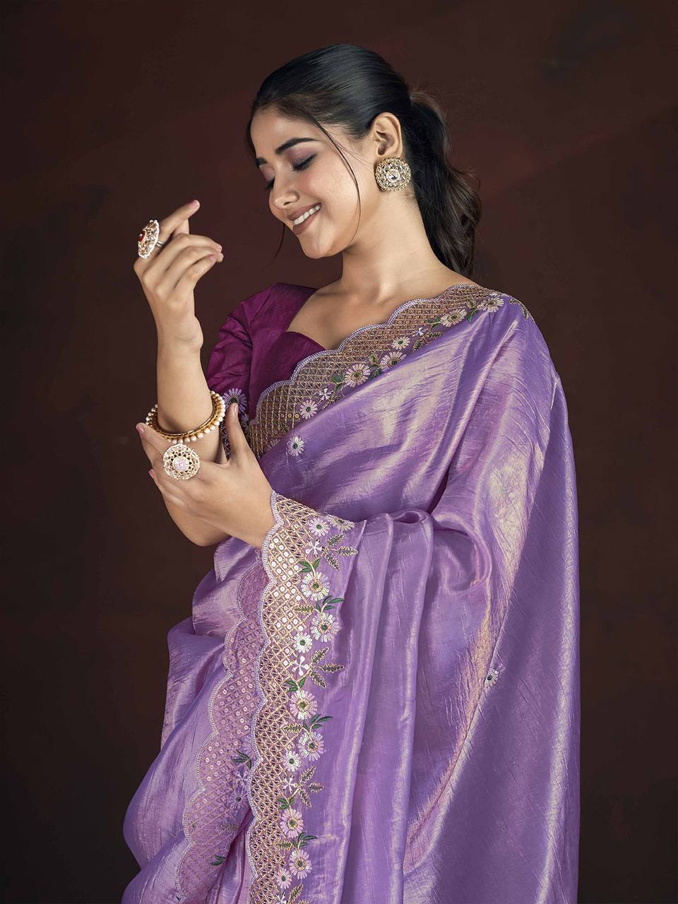 Gorgeous Lavender Color Gold Crunchy Malti Thread Work Party Wear Saree
