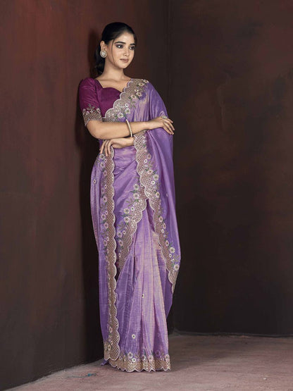 Gorgeous Lavender Color Gold Crunchy Malti Thread Work Party Wear Saree