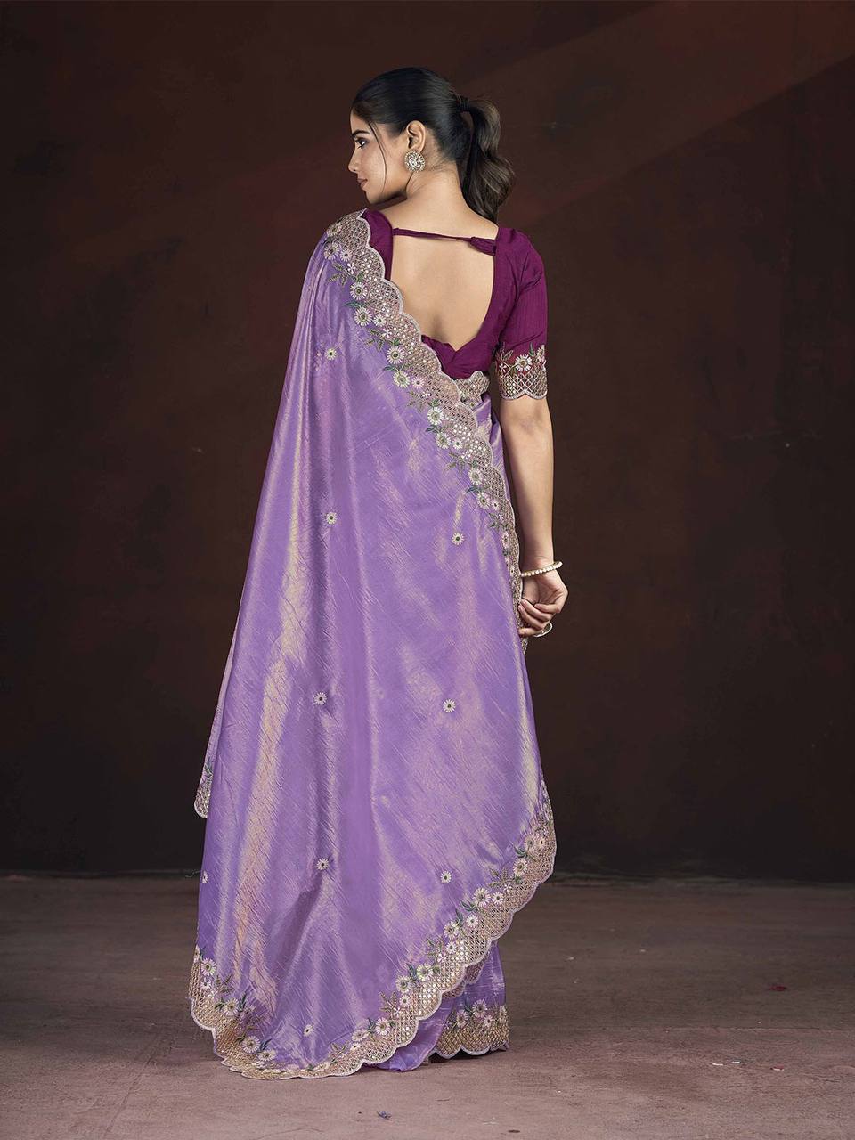 Gorgeous Lavender Color Gold Crunchy Malti Thread Work Party Wear Saree