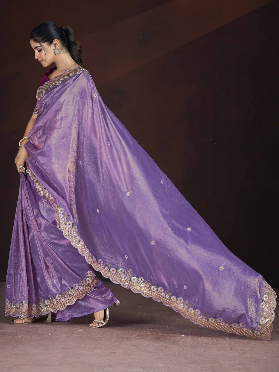 Gorgeous Lavender Color Gold Crunchy Malti Thread Work Party Wear Saree