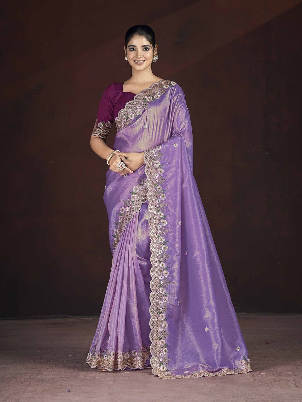 Gorgeous Lavender Color Gold Crunchy Malti Thread Work Party Wear Saree