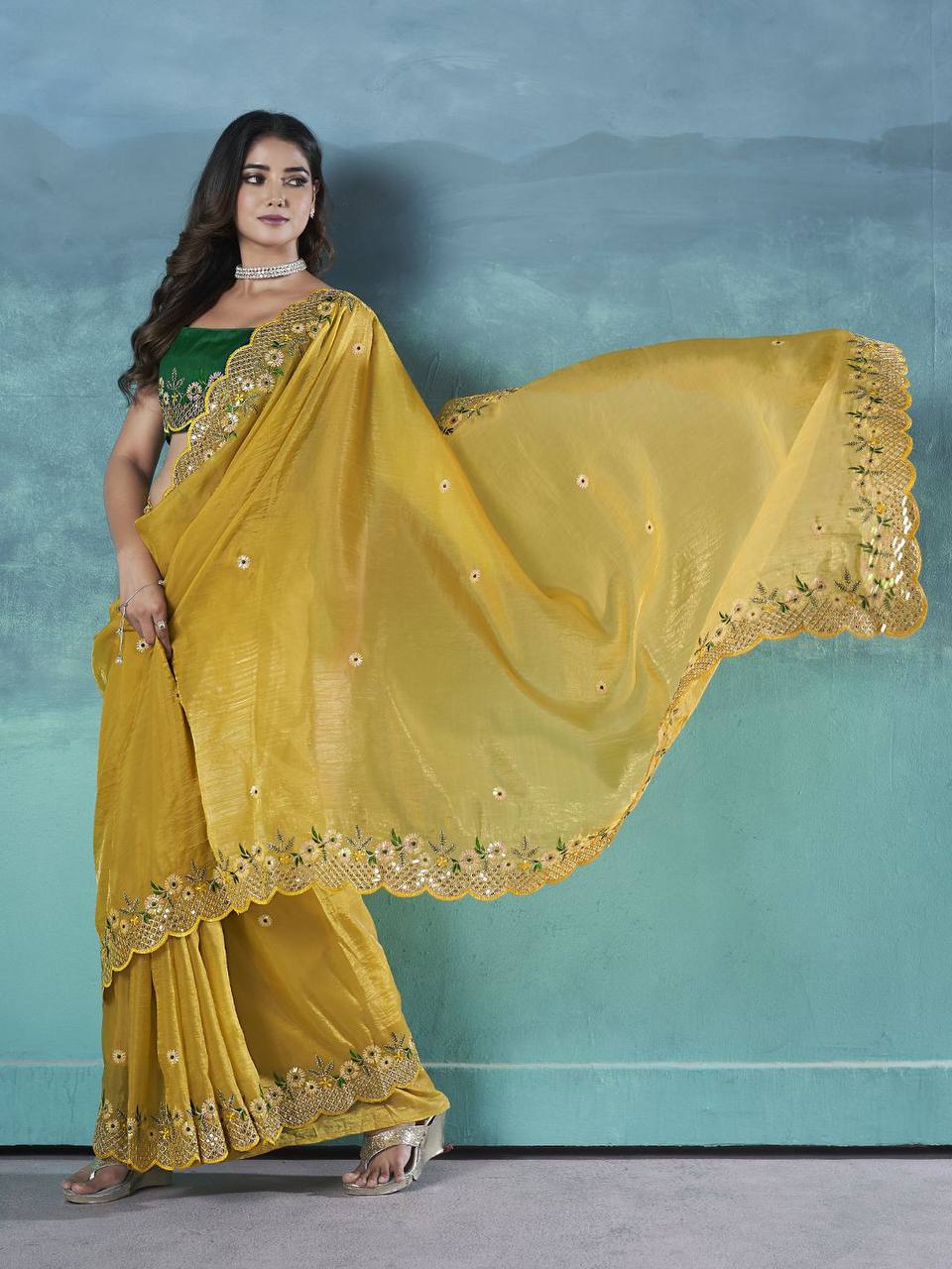 Gorgeous Yellow Color Gold Crunchy Malti Thread Work Party Wear Saree
