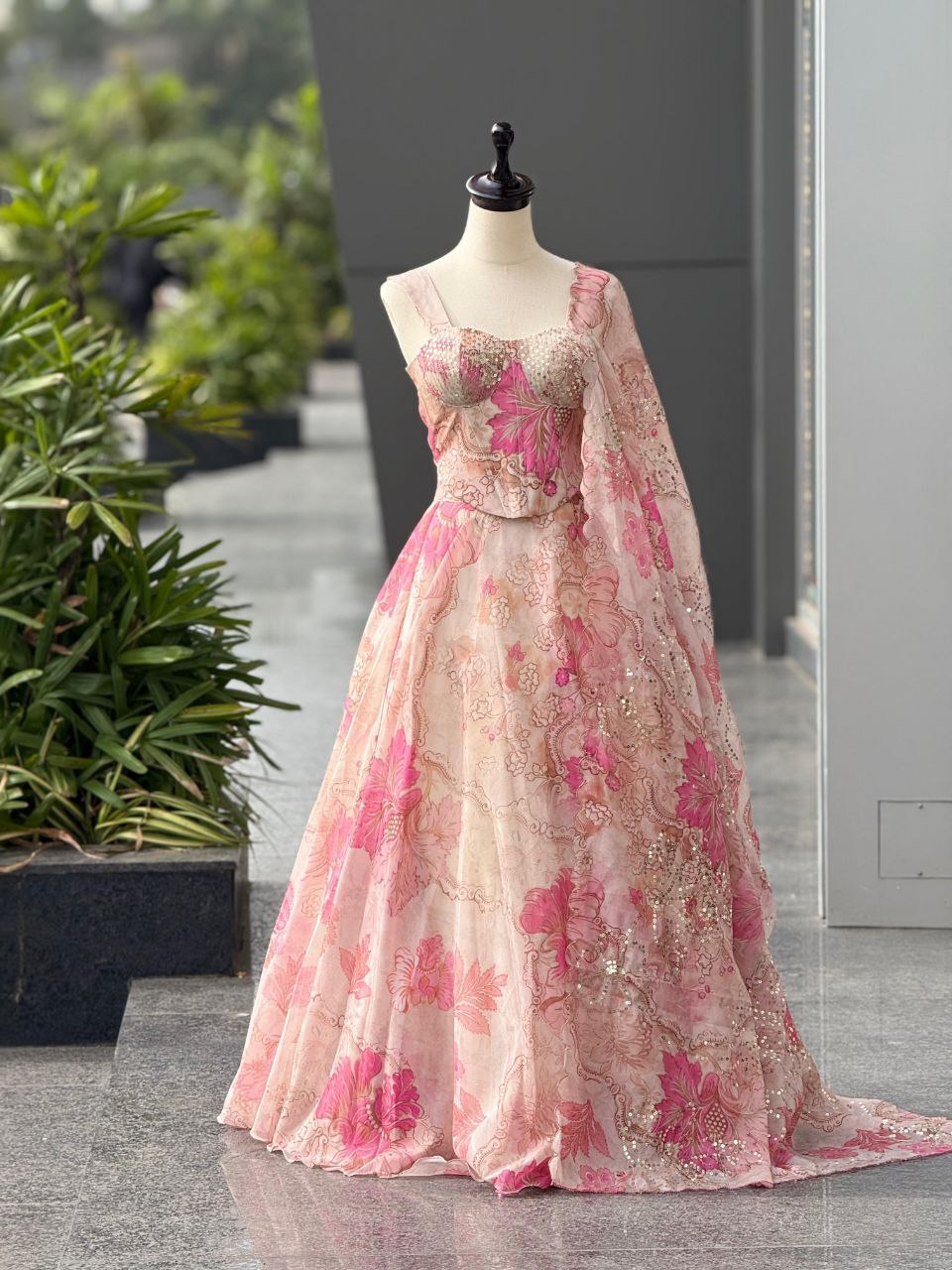 Party Wear Lehenga Choli – Pink Pure Organza | Vastraan