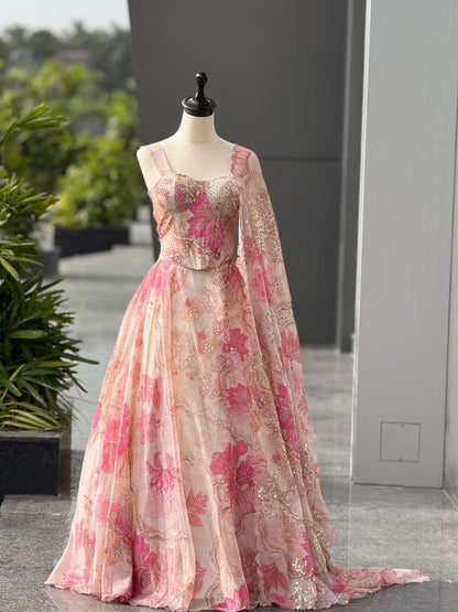 Party Wear Lehenga Choli – Pink Pure Organza | Vastraan