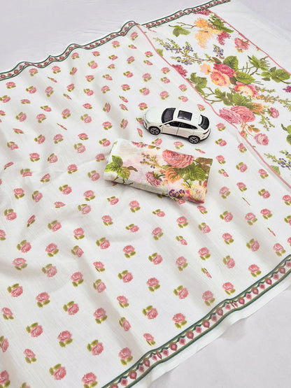 Ivory Rose Floral Print Linen Saree with Digital Print Blouse