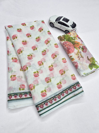 Ivory Rose Floral Print Linen Saree with Digital Print Blouse