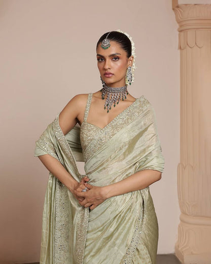 Pista Color Platinam Crush Silk With Embroidery and Real Mirror Party Wear Saree