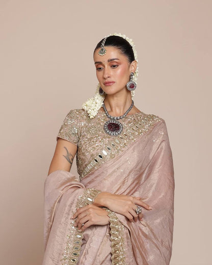 Cream Color Platinam Crush Silk With Embroidery and Real Mirror Party Wear Saree