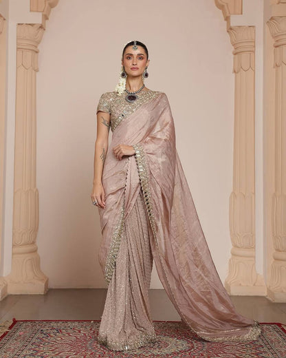 Cream Color Platinam Crush Silk With Embroidery and Real Mirror Party Wear Saree