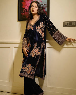 Shehnaaz Gill Blue Color Viscose Velvet Designer Party Wear Suit