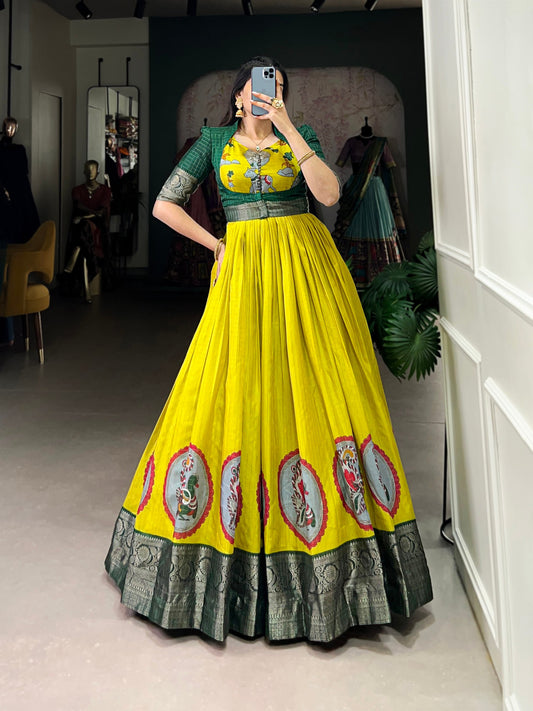 Yellow Kalamkari Dola Silk Gown with Zari Koti - Vastraan