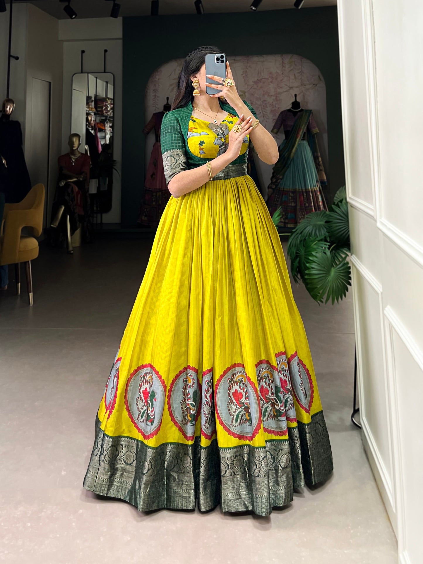 Yellow Kalamkari Dola Silk Gown with Zari Koti - Vastraan
