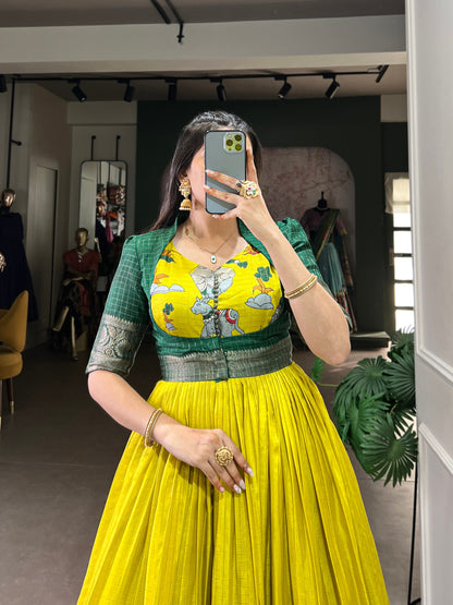 Yellow Kalamkari Dola Silk Gown with Zari Koti - Vastraan