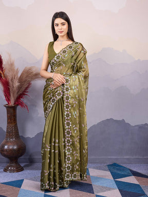 Olive Burberry Silk Embroidery Sequins Work Saree