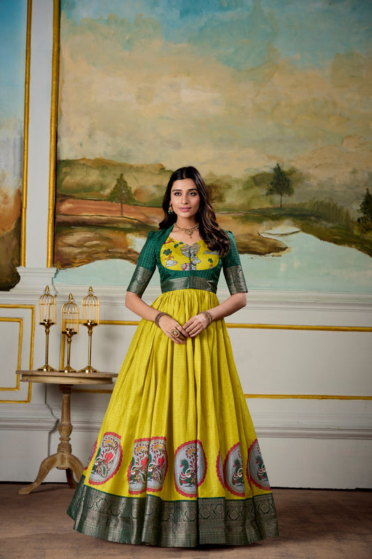 Yellow Kalamkari Dola Silk Gown with Zari Koti - Vastraan