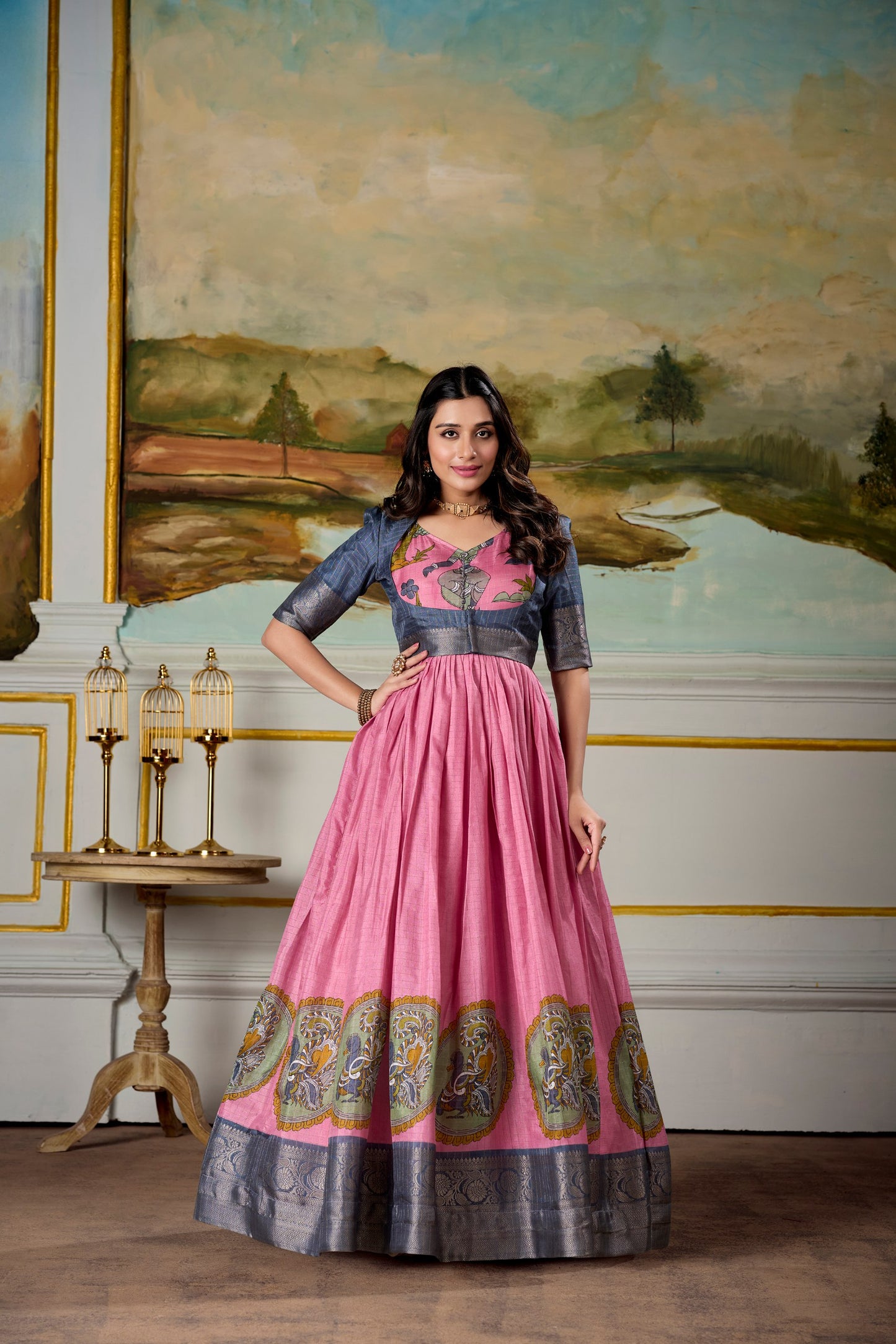 Pink Kalamkari Dola Silk Gown with Zari Koti - Vastraan