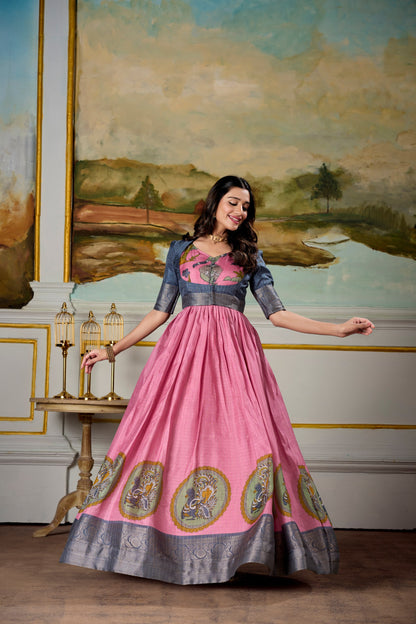 Pink Kalamkari Dola Silk Gown with Zari Koti - Vastraan