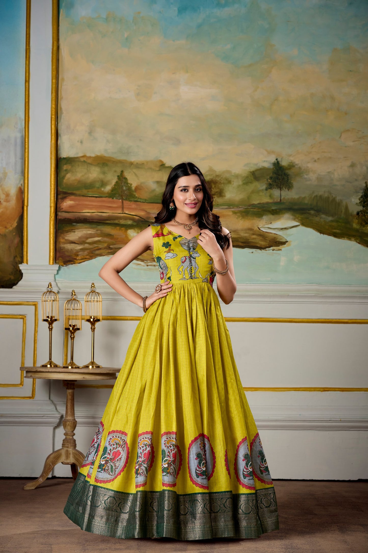 Yellow Kalamkari Dola Silk Gown with Zari Koti - Vastraan