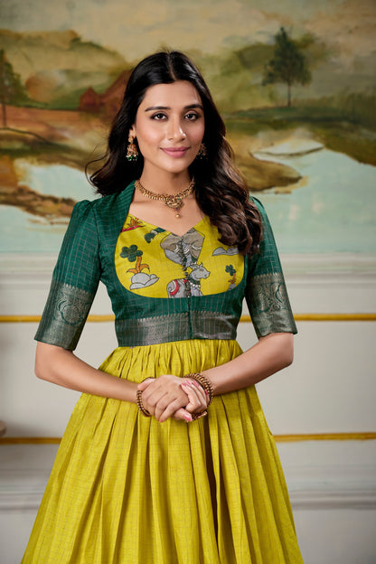 Yellow Kalamkari Dola Silk Gown with Zari Koti - Vastraan