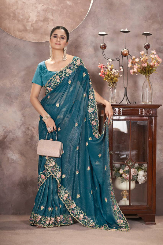 Teal Color Gold Crunchy Multi Colour Embroidery Work Party Saree