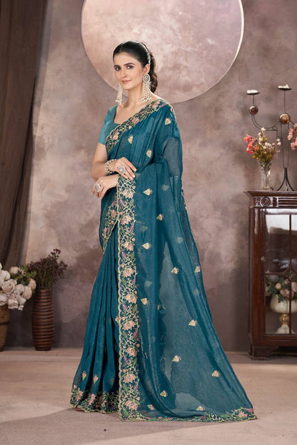 Teal Color Gold Crunchy Multi Colour Embroidery Work Party Saree