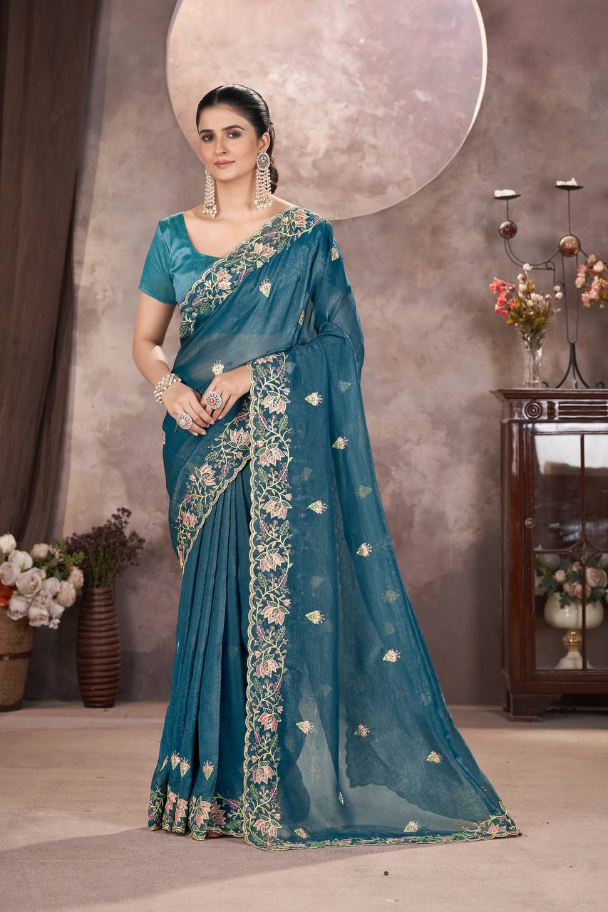 Teal Color Gold Crunchy Multi Colour Embroidery Work Party Saree