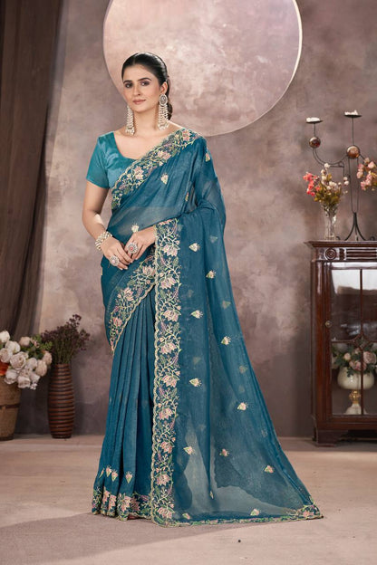 Teal Color Gold Crunchy Multi Colour Embroidery Work Party Saree