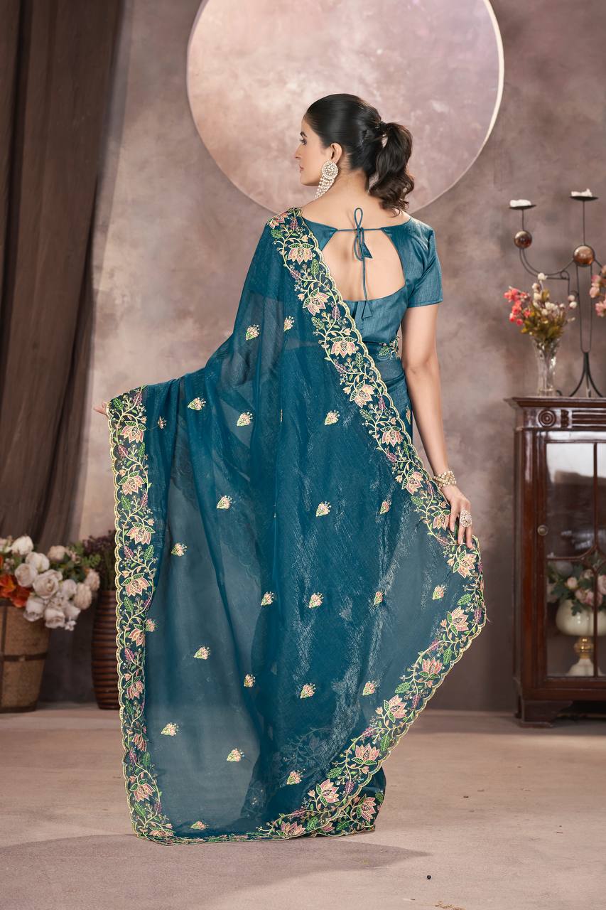 Teal Color Gold Crunchy Multi Colour Embroidery Work Party Saree